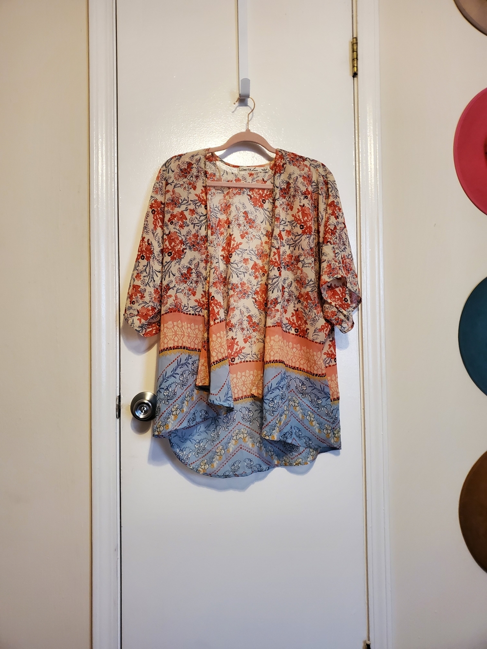 Liberty Love Floral Open-Front Tunic in Coral and Light Blue